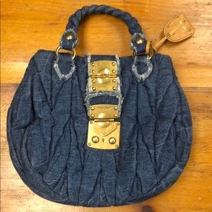 Miu Miu Denim Handbag with Gold Accent Buckle Lock